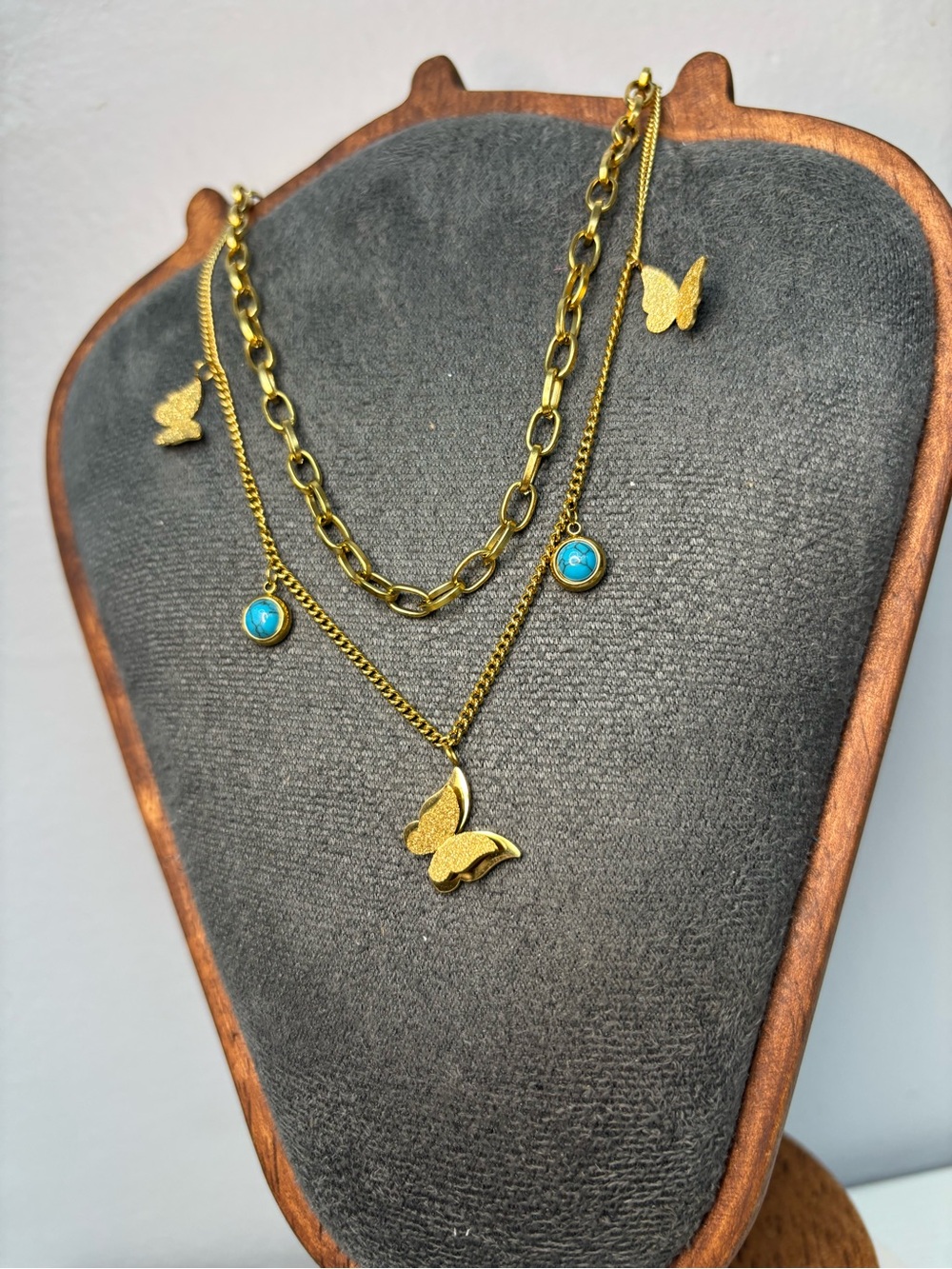 Gold Butterfly Layered Necklace with Turquoise Charm Accents - Picture 5 of 8